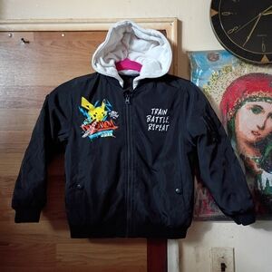 Pokemon Jacket Youth Boys 6-7 Pikachu Full Zip Winter Coat Puffer Black Hood 